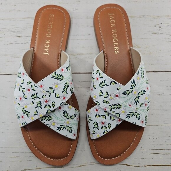 Jack Rogers Slone X Band Leather Slide Sandals White Daisy Floral Size 8.5 - Picture 3 of 8